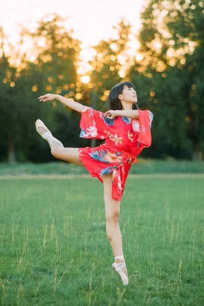 赤い着物姿の日本のバレリーナが立ち、芝生の上でポーズを飲み込みます. - 写真・画像