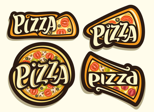 Vector Pizza Set, geleneksel İtalyan fast food ve farklı pizza isimleriyle izole edilmiş 4 resim, çeşitli dekoratif tasarım koyu renkli rozetler ve pizza kelimesinin baş harfleri eşsizdir.. - Vektör, Görsel