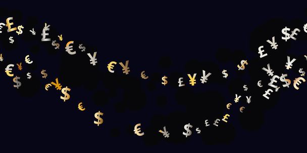 Nahtloses Muster Euro, Dollar, Pfund, Yen Goldsymbole fliegende Währung. Trendiges Investitionsmuster. Kann für Werbung, Poster, Banner des britischen, japanischen, europäischen, amerikanischen Geldwechsels verwendet werden. Vektor - Vektor, Bild