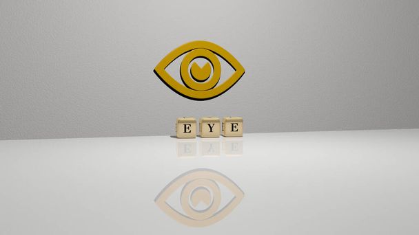 3D graafinen kuva silmän pystysuunnassa yhdessä tekstin rakennettu metallinen kuutiometriä kirjaimia ylhäältä näkökulmasta, erinomainen konseptin esittely ja diaesityksiä. tausta ja havainnollistaminen - Valokuva, kuva