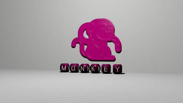 3D γραφική εικόνα του MONKEY κάθετα μαζί με κείμενο χτισμένο με μεταλλικά κυβικά γράμματα από την κορυφή προοπτική, εξαιρετική για την παρουσίαση έννοια και slideshows. ζώο και απεικόνιση - Φωτογραφία, εικόνα