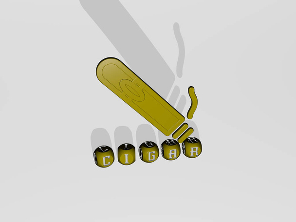 3D ilustrace grafiky CIGAR a textu vytvořeného kovovými kostičkovými písmeny pro související významy konceptu a prezentací. pozadí a cigarety - Fotografie, Obrázek