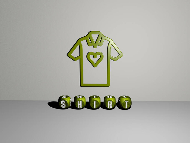 3D graphical image of shirt vertically along with text built by metallic cubic letters from the top perspective, excellent for the concept presentation and slideshows. background and white - Photo, Image