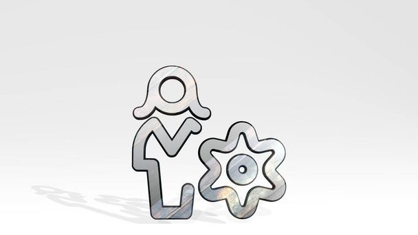 SENIGE VROUWACTIES SETTING gemaakt door 3D illustratie van een glanzende metalen sculptuur die schaduw werpt op een lichte achtergrond. pictogram en geïsoleerd - Foto, afbeelding