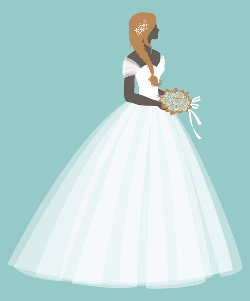 Beautiful bride holding a rose bouquet, vector illustration for greeting card, invitation, fliyer, banner, bridal shower. - Vektor, Bild