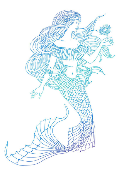 Hand drawn mermaid holding a flower, on white background, linen vector illustration. - Vektor, obrázek