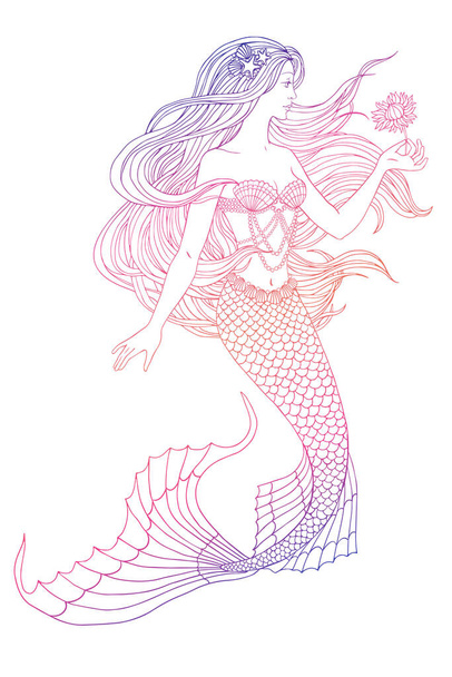 Hand drawn mermaid holding a flower, on white background, linen vector illustration. - Вектор, зображення