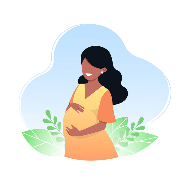 Enceinte jeune femme heureuse aux cheveux noirs. Le concept de grossesse et de maternité, soins, santé. Illustration vectorielle en style dessin animé plat. - Vecteur, image