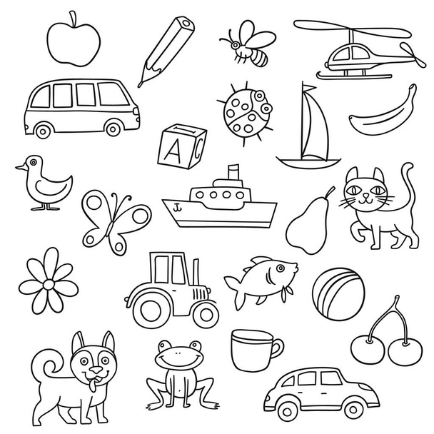 Vektor-Illustrations-Set mit verschiedenen handgezeichneten Artikeln für die Erstausbildung von Kindern - Vektor, Bild