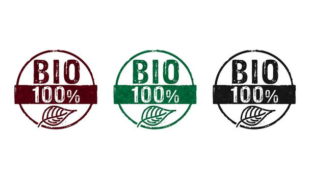 100 % icônes de timbre bio dans quelques versions de couleur. Écologie, environnement, aliments naturels, concept d'alimentation biologique et saine. - Photo, image