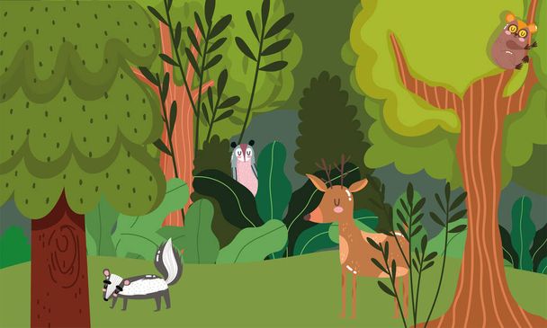 lindo ciervo zarigüeya zorrillo animal hierba bosque árboles naturaleza salvaje dibujos animados
 - Vector, Imagen