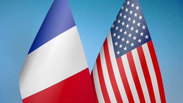 France and United States two flags together blue background - Photo, Image