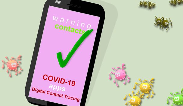 Seguidor, seguimiento de aplicaciones COVID-19. Aplicaciones de software móvil. Rastreo digital de contacto en respuesta al Coronavirus. Identificación, búsqueda de individuos posiblemente infectados. 3d dibujo representación del virus
. - Foto, imagen