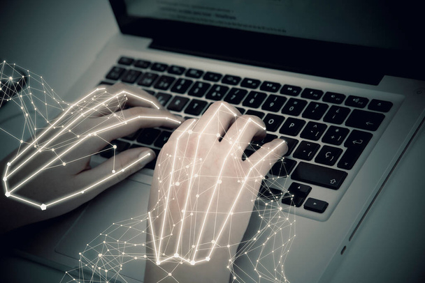 digital technology. Hands on futuristic keyboard. cyborg hands on keyboard - Photo, Image