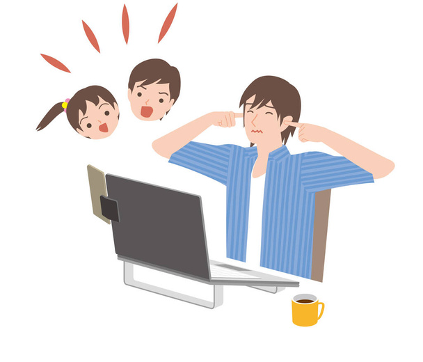 telecommute, enfants faisant du bruit quand le père utilise des ordinateurs - Vecteur, image