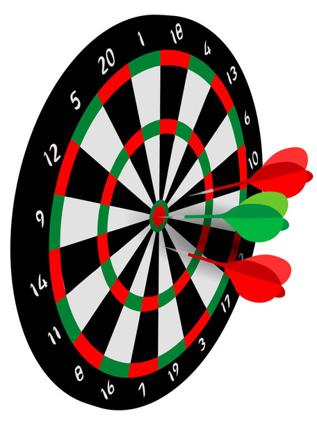 perspective vector sport illustration of three darts in realistic target or dartboard - Vector, imagen