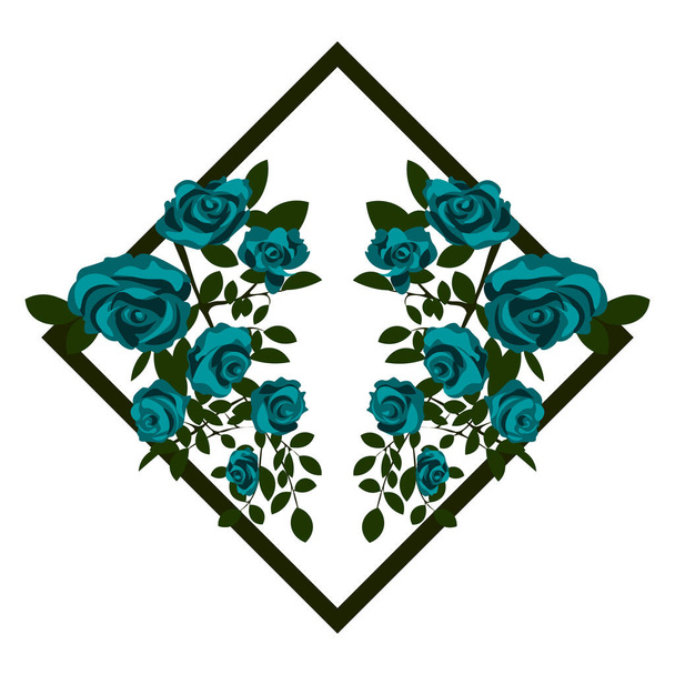 two bouquets of reflected beautiful blooming blue roses in the rhombus for greeting card - Vector, Image