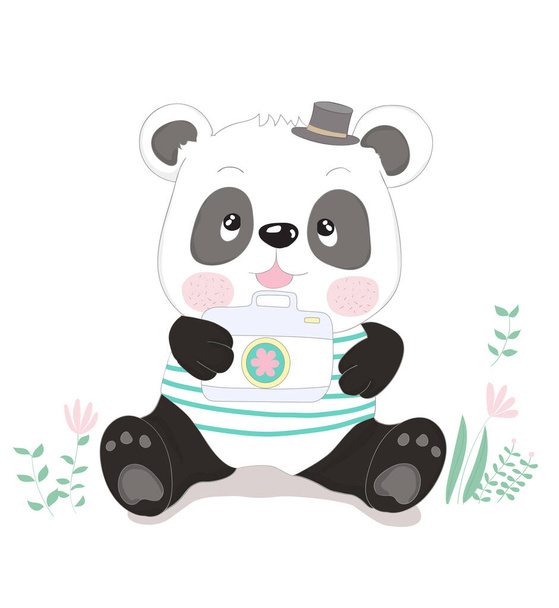 Aranyos kis panda rajzfilm kamerával. Kézzel rajzolt stílus - Vektor, kép