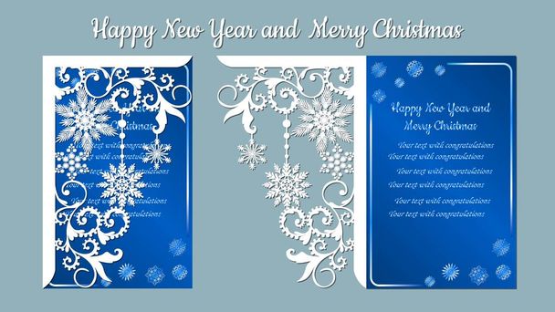 パターン、雪片と枝。雪の結晶とクリスマスの招待状。ベクトル。クリシェ。メリークリスマスと新年。レーザー切断、プロッタとシルクスクリーン印刷のために。グリーティングカード - ベクター画像