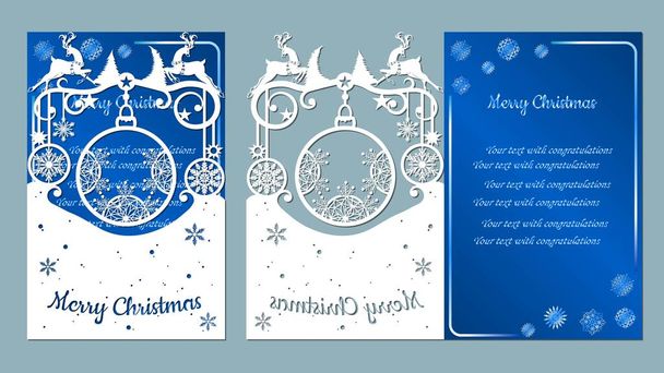 spruce, wood, snowflakes, reindeer. Christmas balls set with a snowflake. Vector. Cliche. Merry Christmas. For laser cutting, plotter and silkscreen printing. Greeting card, invitation - Vector, Image