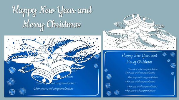 Pattern, branch with snowflakes and bell. Christmas invitation with a snowflake and a Christmas toy. Vector. Cliche. Merry Christmas and New Year, 2019. For laser cutting, plotter and silkscreen printing - Vector, Image