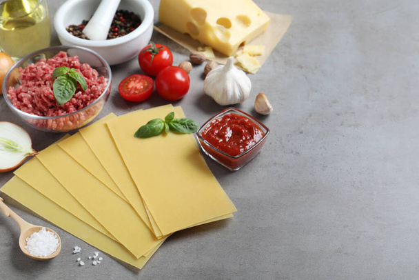 Fresh lasagna ingredients on grey table. Space for text - Photo, image