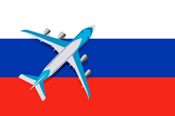 Vektorová ilustrace osobního letadla vznášejícího se nad vlajkou Ruska. Koncept cestovního ruchu a cestování - Vektor, obrázek