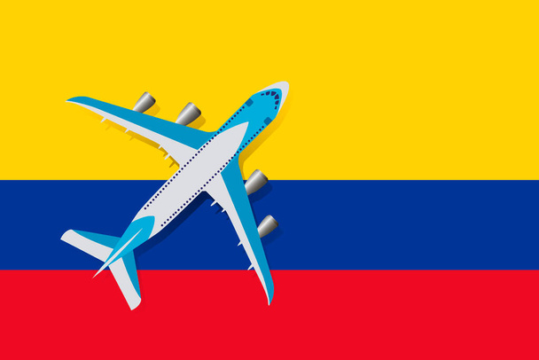 Εικονογράφηση ενός επιβατικού αεροπλάνου που κυματίζει πάνω από τη σημαία της Κολομβίας. Έννοια του τουρισμού και των ταξιδιών - Διάνυσμα, εικόνα