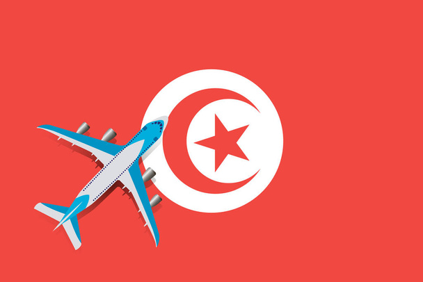 Εικονογράφηση ενός επιβατικού αεροπλάνου που κυματίζει πάνω από τη σημαία της Τυνησίας. Έννοια του τουρισμού και των ταξιδιών - Διάνυσμα, εικόνα