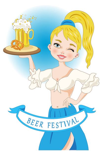 Beer festival with beautiful girl carrying trays and carafe - Vektor, Bild