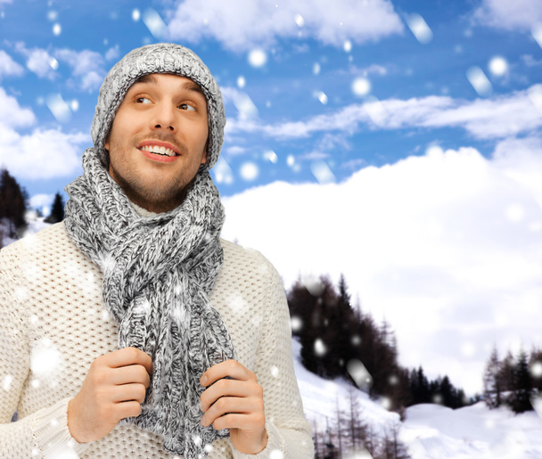 Handsome man in warm sweater, hat and scarf - 写真・画像