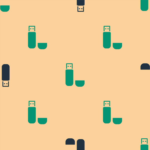 Green and black USB flash drive icon isolated seamless pattern on beige background.  Vector Illustration. - Vector, Image