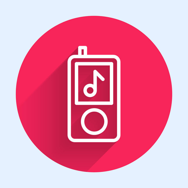 White line Music player icon isolated with long shadow. Portable music device. Red circle button. Vector Illustration. - Vector, Image