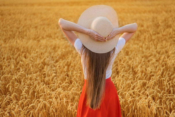 Giovane donna con i capelli lunghi in cappello su sfondo campo di grano. Mani dietro la testa. Vista posteriore. - Foto, immagini