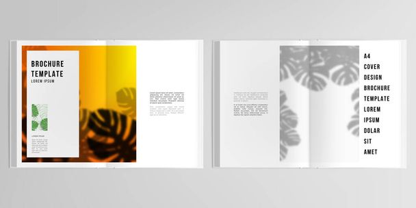 3d layout vetorial realista de modelos de capa mockup para A4 bifold brochura, folheto, design de capa, design de livro. Folhas de palma tropicais, sombra transparente de folhas tropicais. Padrão floral fundos
. - Vetor, Imagem