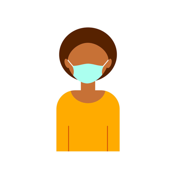 Mujer de negocios afroamericana con una máscara protectora. Seguridad en el lugar de trabajo. Prevención del Coronavirus. No hay entrada sin máscara facial. Personaje de dibujos animados sobre fondo blanco. Ilustración vectorial, clip art
 - Vector, imagen