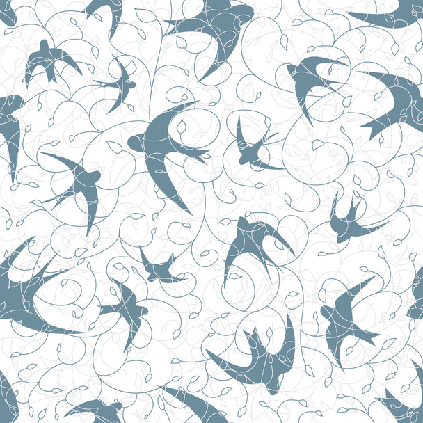 Seamless texture with swallows and plants - Vector, imagen