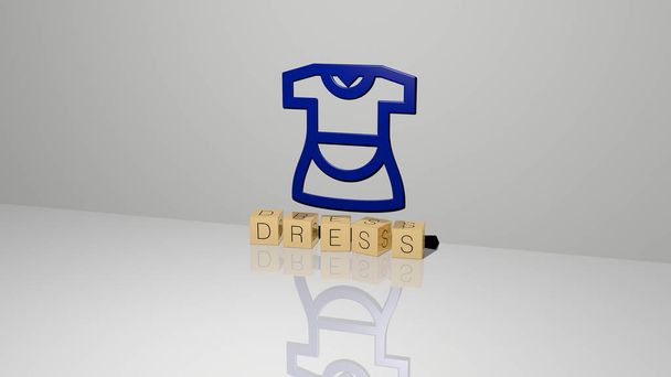 3D ilustracja grafiki sukienka i tekst wykonany przez metaliczne litery kości dla powiązanych znaczeń pojęcia i prezentacji. piękny i dziewczyna - Zdjęcie, obraz