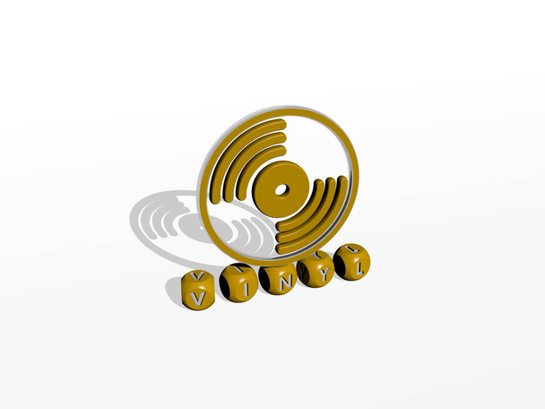 3D illustratie van vinyl graphics en tekst gemaakt door metalen dobbelstenen letters voor de bijbehorende betekenissen van het concept en presentaties. achtergrond en record - Foto, afbeelding