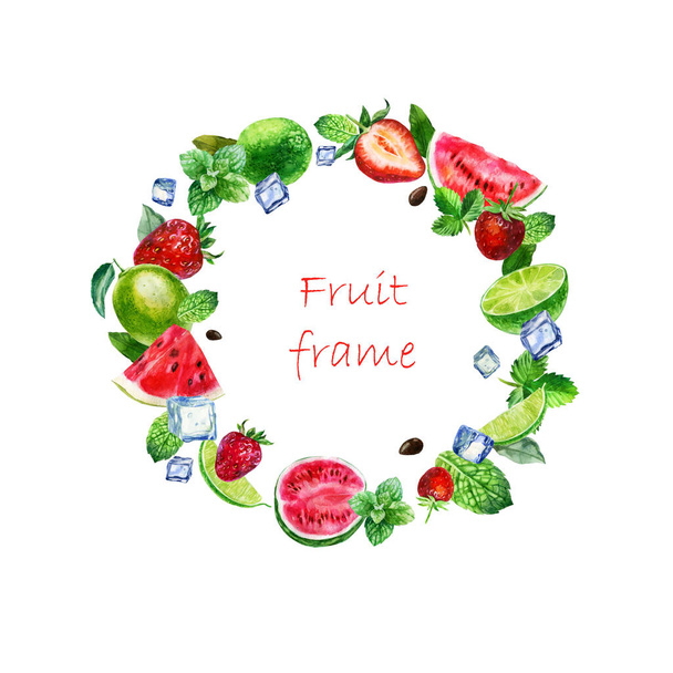 Watercolor illustration, frame. Mojito frame. Strawberries, watermelon lime mint ice cubes. - Φωτογραφία, εικόνα