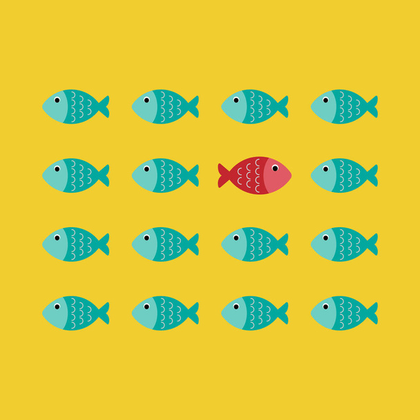Denken Sie anderes Konzept, ein roter einzigartiger anderer Fisch schwimmt gegenüber identischen blauen, Vektor, Illustration. - Vektor, Bild