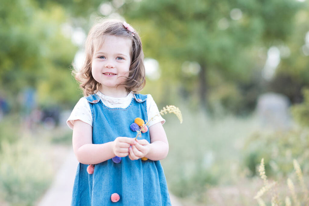 笑顔の赤ちゃんの女の子2-3歳のフィールドクローズで花を保持トレンディーなデニムドレスを着て。カメラを見て。子供の頃。夏.  - 写真・画像