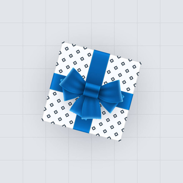 Horní pohled na dárkovou krabici s modrou mašlí a stuhami. Šablona vektoru tečkovaného dárkového pole. - Vektor, obrázek