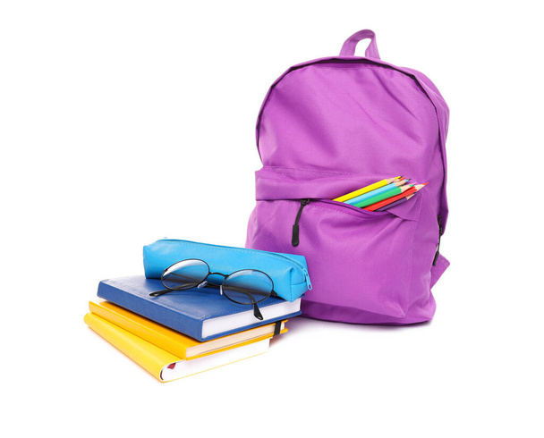 School backpack and stationery isolated on white background - Fotoğraf, Görsel