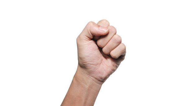 Close up of male fist up, don't give up gesture symbolic concept, isolated on white background. - Photo, Image