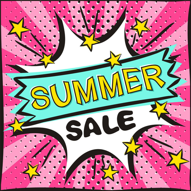 Bright banner for discounts or summer sales in the style of popart. Explosion and on a bright pink background. Template for web design, banners, coupons, applications and posters. Vector illustration. - Vecteur, image