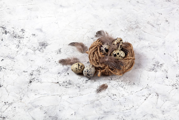 Easter quail eggs in nest on bright background. Space for text - Photo, Image