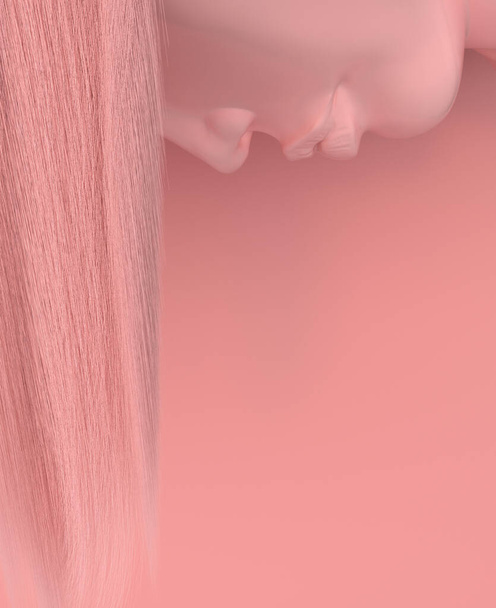 Naisen kasvot ylösalaisin pitkä virtaava vaaleanpunainen tukka vaaleanpunainen tausta. Värikkäät hiukset. Luova käsitteellinen kuvitus ja kopiotila. 3D-kuvaus - Valokuva, kuva