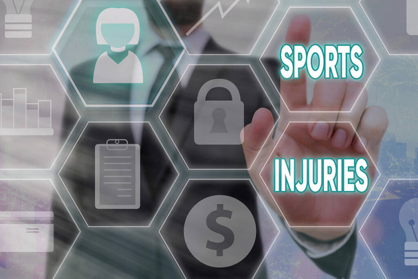 A sportsérülések szöveges jele. Koncepcionális fotó sérülések fordulnak elő, amikor részt vesznek a sport vagy a testmozgás rácsok és a különböző létrehozott ikonok legújabb digitális technológia koncepció. - Fotó, kép