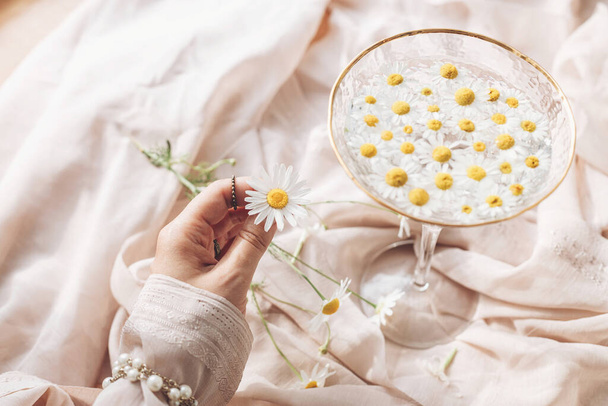 Hand with jewelry holding daisy flower on background of soft beige fabric with stylish wineglass with flowers in water. Tender floral aesthetic. Creative summer image. Bohemian mood - Photo, Image